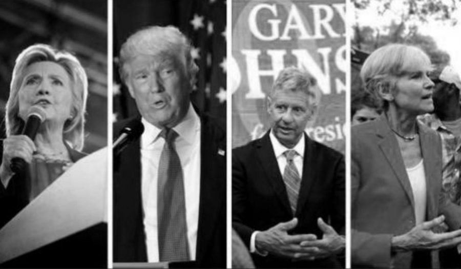 The four candidates speak at political rallies around the conutry. From left to right: Hillary Clinton (D), Donald Trump (R), Gary Johnson (L), Jill Stein (G).