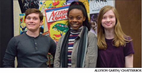 Declan Robinson, ‘18, Maya Robinson, ‘19, and Clare Brennan, ‘20, all involved with She Kills Monsters, show off posters that illustrates one of the main character’s interest in comics and video games. A variety of student volunteers and WHHS stagecraft students made the set.
