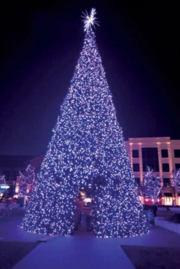 The massive Christmas tree illuminates the center square at Liberty Center. A nativity scene is displayed inside if one walks through the tree’s interior. 