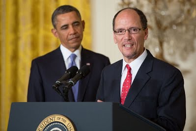 Tom Perez with President Obama after being nominated for Secretary of Labor. Perez served in that post from 2012 until the end of President Obamas term. 