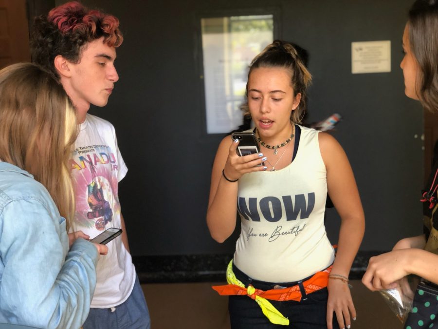 Class of ‘22 rehearsing lines for the highschool play, The Curious Incident of the Dog in the Nighttime. Left to right: Megan Graeler, Brando Donaldson, Nia Stefanov, Kathryn Daniher.