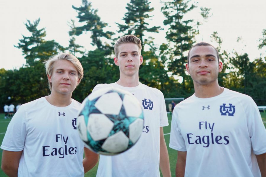 From left to right: SENIORS Spencer Shroyer, Elliot Hull, and Caleb Price, the varsity soccer captains. These student athletes are not only committed on the field but also to college.  