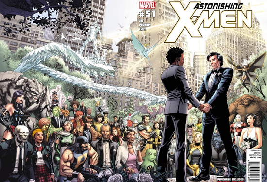 NorthStar is one of the first gay marvel heroes to come out since his coming out in  issue 106 of Alpha Flight in 1992, and had the first same-sex wedding in mainstream comics when he married his husband Kyle Jinadu in issue 51 of Astonishing X-Men.