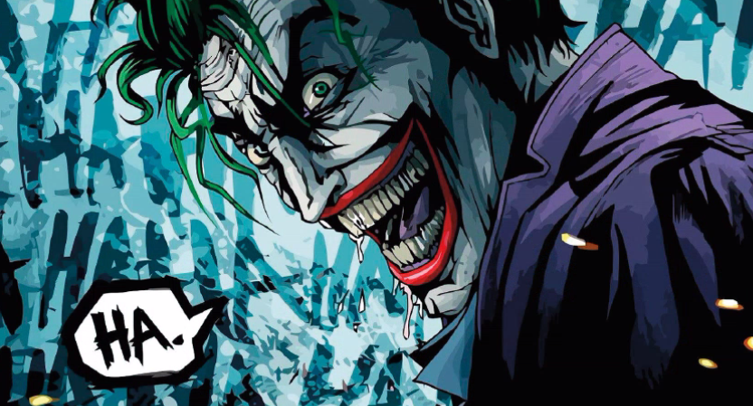 In this panel from the 1988 comic Batman: The Killing Joke, written by Alan Moore and illustrated by Brian Bolland, the signature of the Joker, his green hair, white skin and red lips, are illustrated. In the 2019 movie Joker, the character retains all these features, but with the addition of blue triangles around the eyes and red eyebrows, the Joker takes on a more traditionally clown-ish look. In addition, the movie adaptation gave the iconic character an orange suit, as opposed to his classic purple suit from the DC comics.