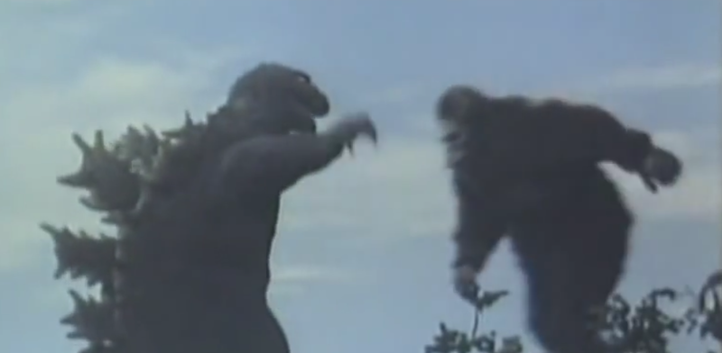 A freeze frame from the 1962 King Kong vs Godzilla. With the release of Godzilla vs Kong in November of 2020, the two most famous monsters of all time will share the screen for the first time in 58 years.
