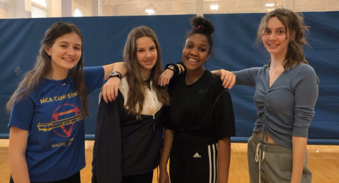 (Left to right) Corinne Adams, ‘24, Carolina Tollefson, ‘24, Lael Ingram ‘24, and Kate Sampson, ’24, wind down from another practice full of hard work.