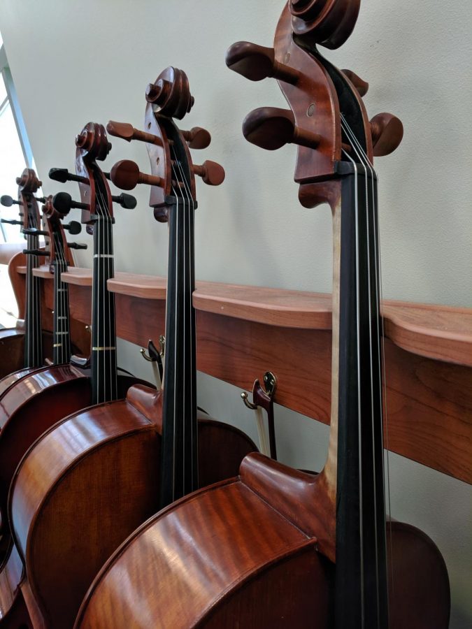 Instruments stand, unused, during the summer months at WHHS. Rentable instruments and other aspects of WHHS music department are funded in part by Walnut Hills Instrumental Parents (WHIP).