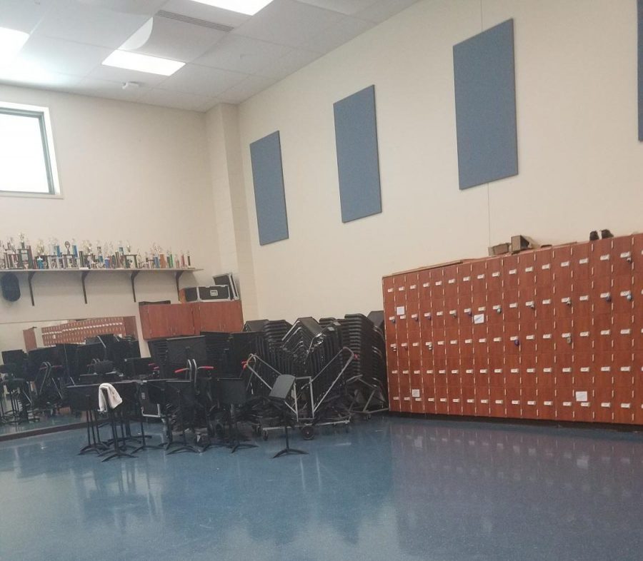 The band room, left empty months into the school year. The WHHS band directors were tasked with getting this art form across, while still remaining safe due to the pandemic.