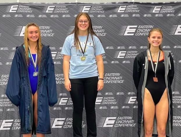 SENIOR Bela Noble and Elleka Boeres ‘23 stand on the podium after the Eastern Cincinnati Conference swimming and diving conference championship at West Clermont. Noble finished first and was named the ECC diver of the year, with Borers finishing second.