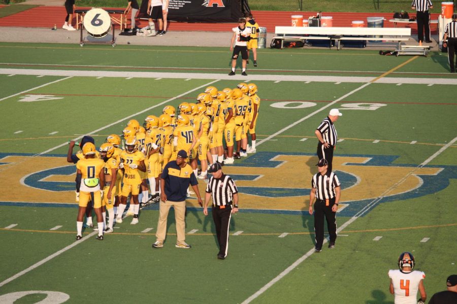Walnut Hills Eagles lining up to start the game on the 50 yard line. Preparing themselves and locking into the game against Anderson.