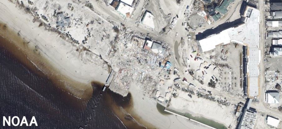 Aerial imagery of damage in the Times Square district of Fort Myers Beach, Fla., after Category 4 Hurricane Ian struck the area.
