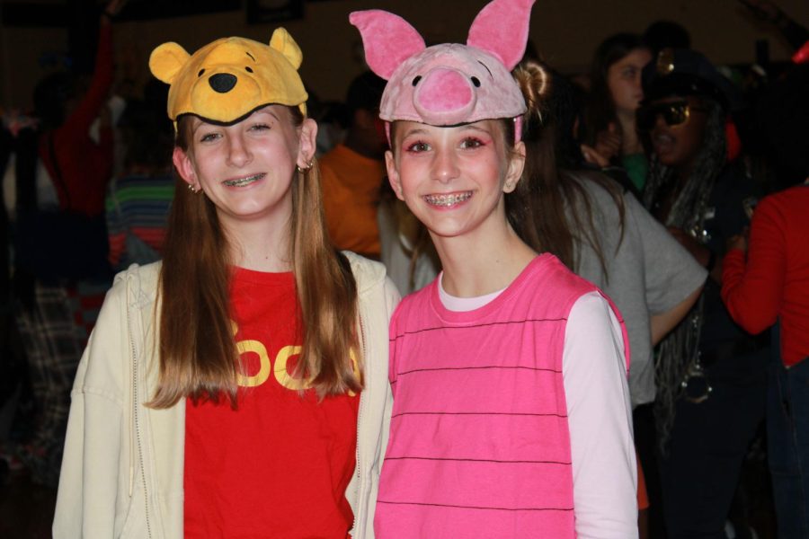 Two friends, blank and blank dressed as Winne the Poo and Piglet