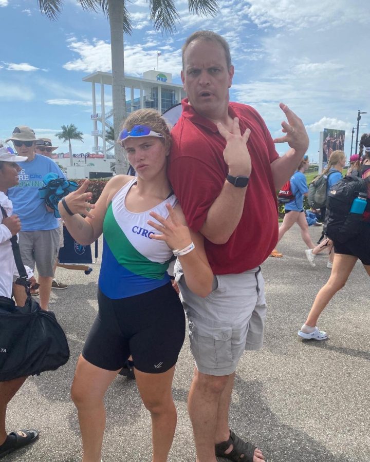 To start off this column, I decided it would be fitting to show a picture of me and my dad at a regatta early last year. My favorite part of rowing is probably my team and all the fun we have during traveling and regattas.