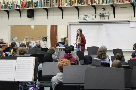 At the first meeting of the Tri-M Music Honor Society, SENIOR Caitlin Barilleaux gave a speech to persuade other members to elect her as president.