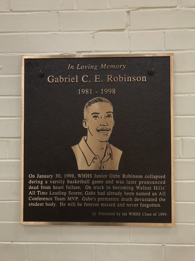 A plaque commemorating Gabe Robinson is displayed in the Junior High Gym. This was a gift donated from the class of 1999.