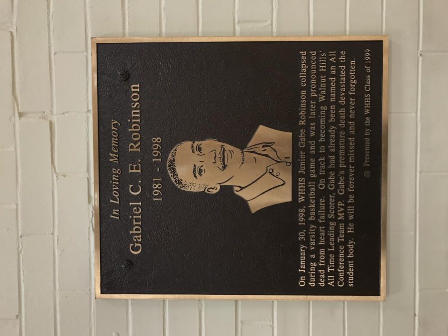  plaque commemorating Gabe Robinson is displayed in the Junior High Gym. This was a gift donated from the class of 1999. 