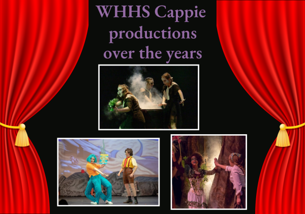 Cappie reviewed productions at WHHS over the years. From left to right The Spongebob Musical(2022), Macbeth(2023), Into the Woods(2018).