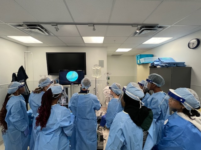 Students watch as Dr. Ian Rice explains how the arthroscopy machinery operates.