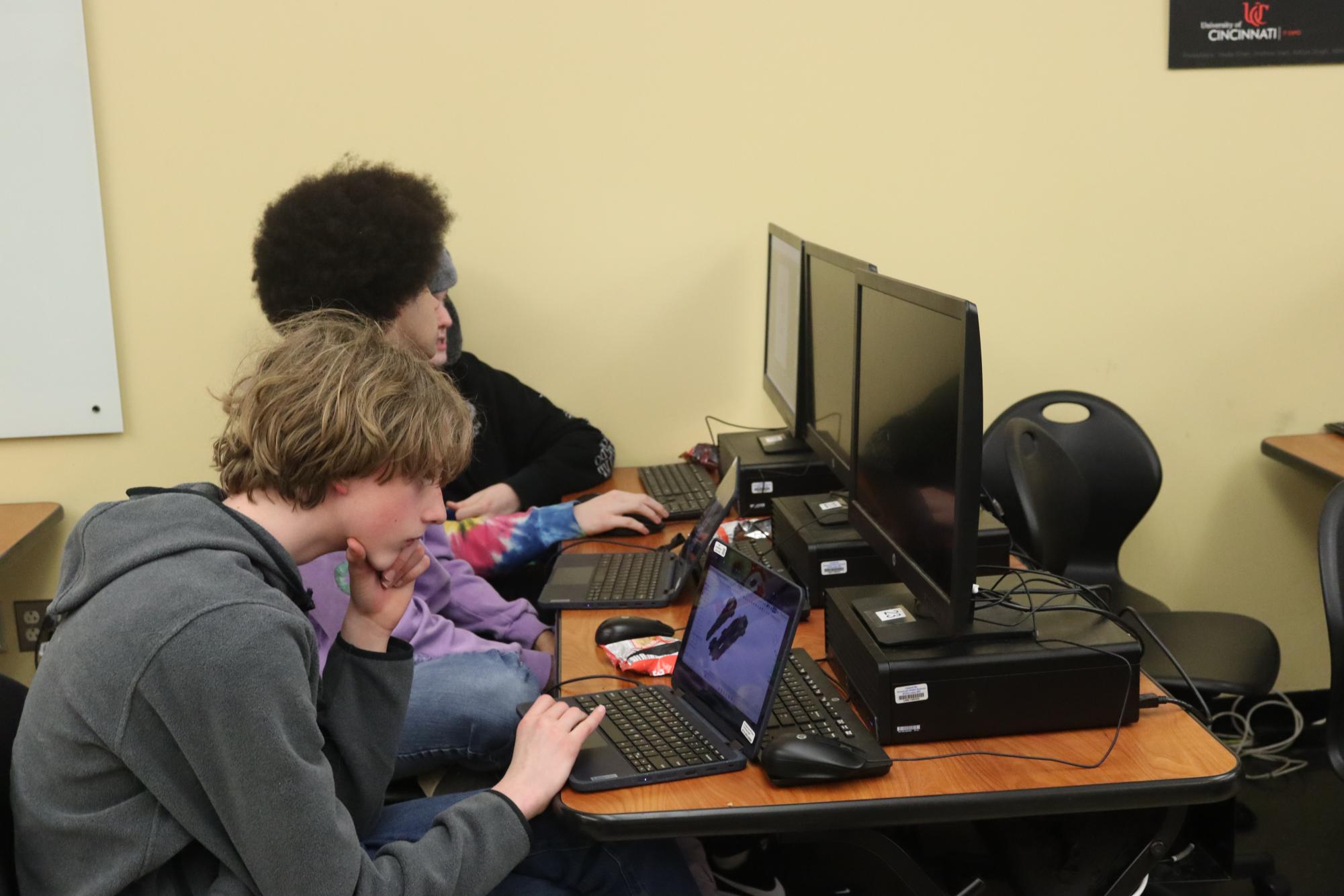 The programming club is split into three teams: the design team, which focuses on creating an aesthetic display, the beginners team, composed of underclassmen learning the basics, and the competition team, who program the actual state competition project. “With us having three different teams our main focuses are learning actionable coding skills and also development skills, like planning,” Daveion Greenwade, ‘26, beginner team teacher, said.